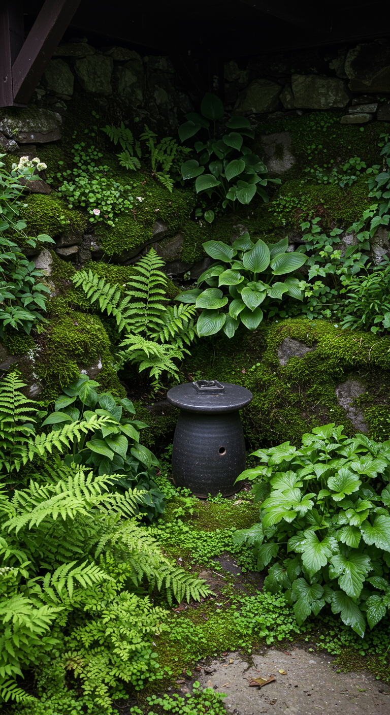 Schattige Gartenecke mit bemooster Mauer, Farnen, Funkien und einem dunklen Keramiktopf.