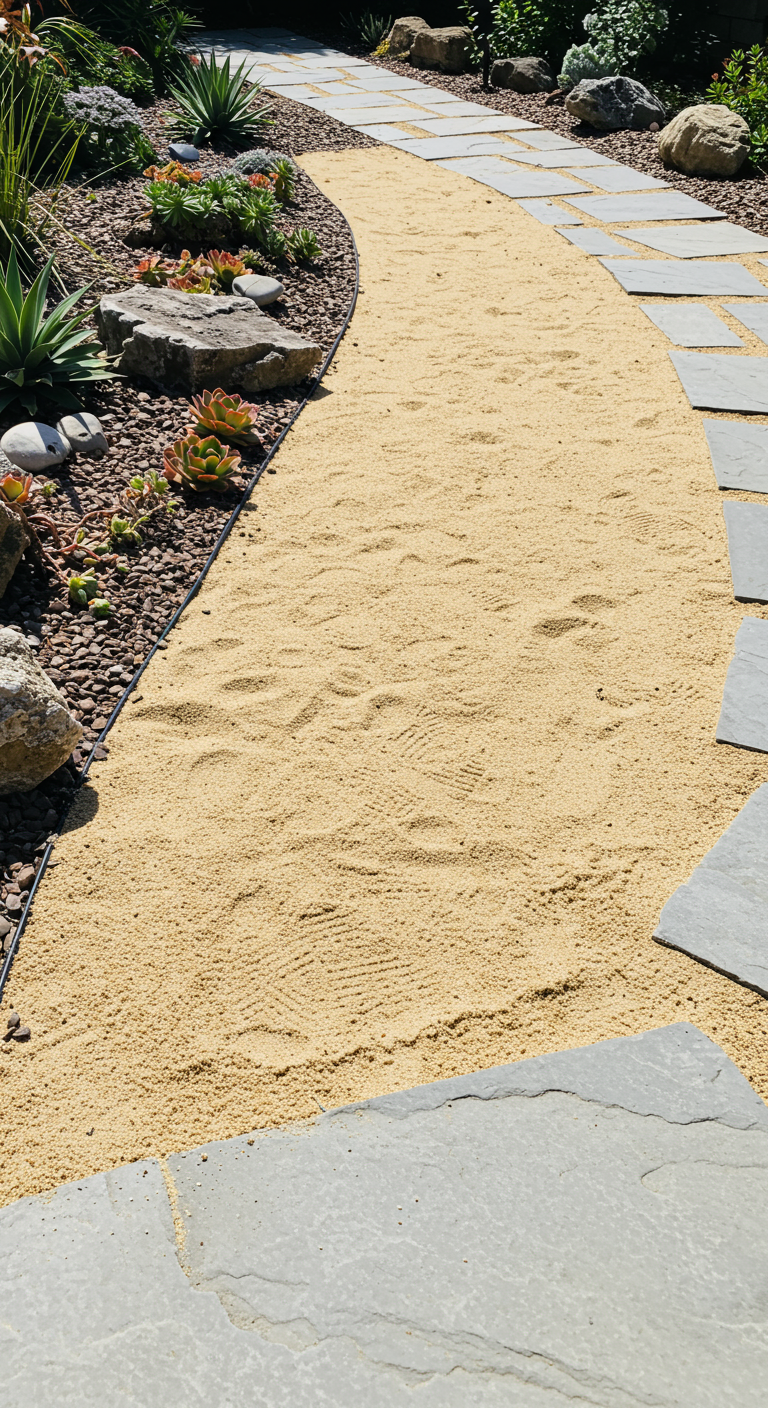 Sandweg mit großen Steinplatten und Sukkulenten im Garten.
