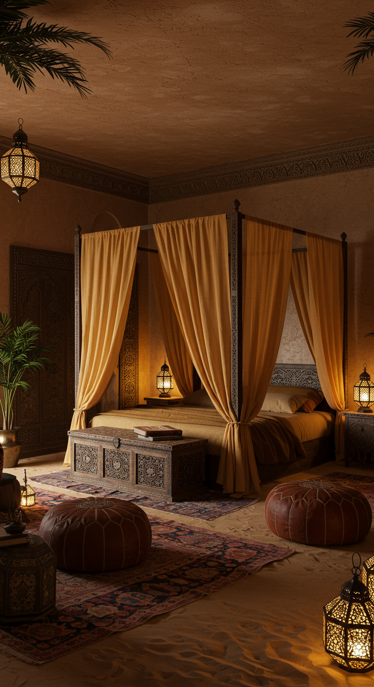 Orientalisches Kinderzimmer mit Himmelbett, Laternen und Wüstensand-Optik.
