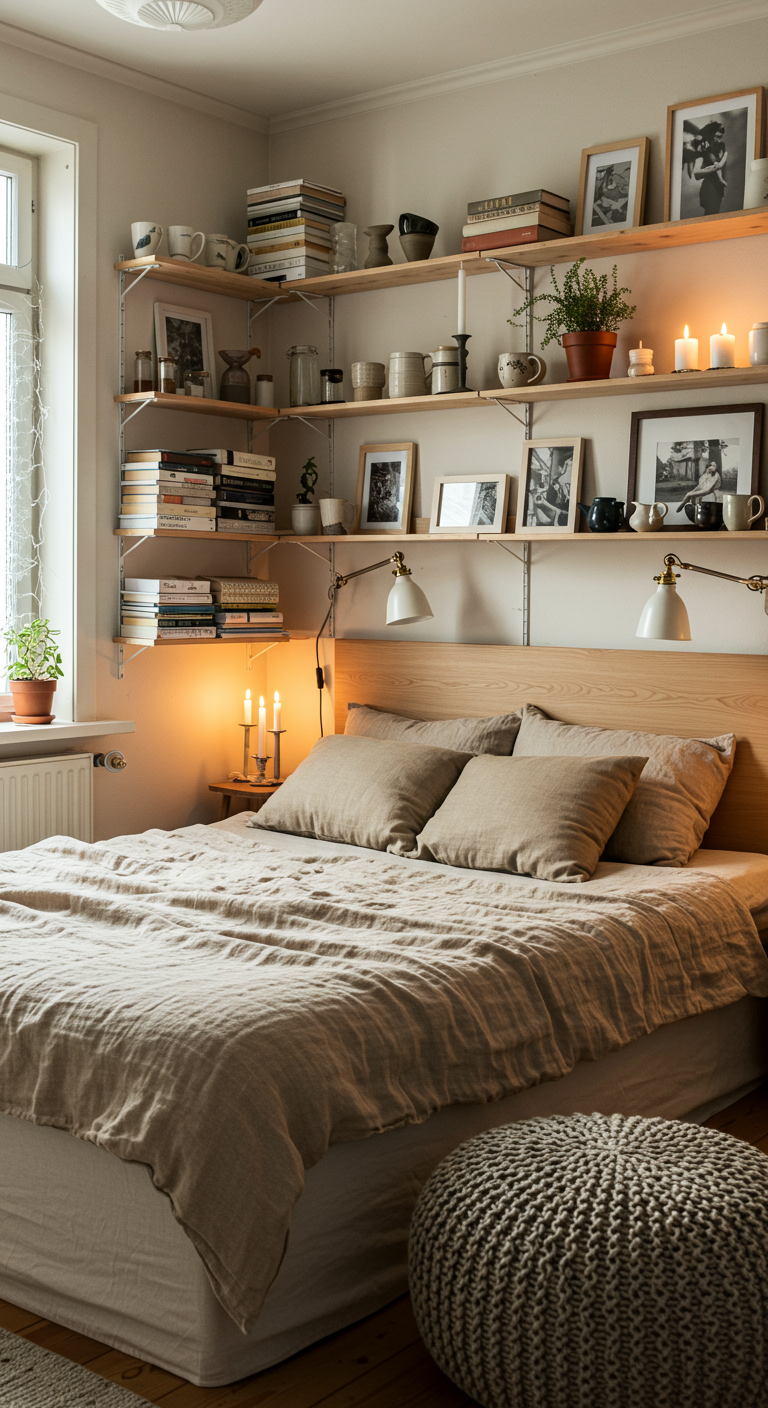 Skandinavisches Schlafzimmer mit Wandregalen über dem Bett voller Bücher und Deko.