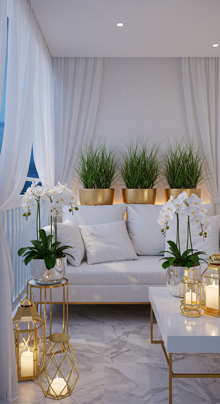 Luxuriöser Balkon in Weiß und Gold mit weißen Orchideen und goldenen Laternen.