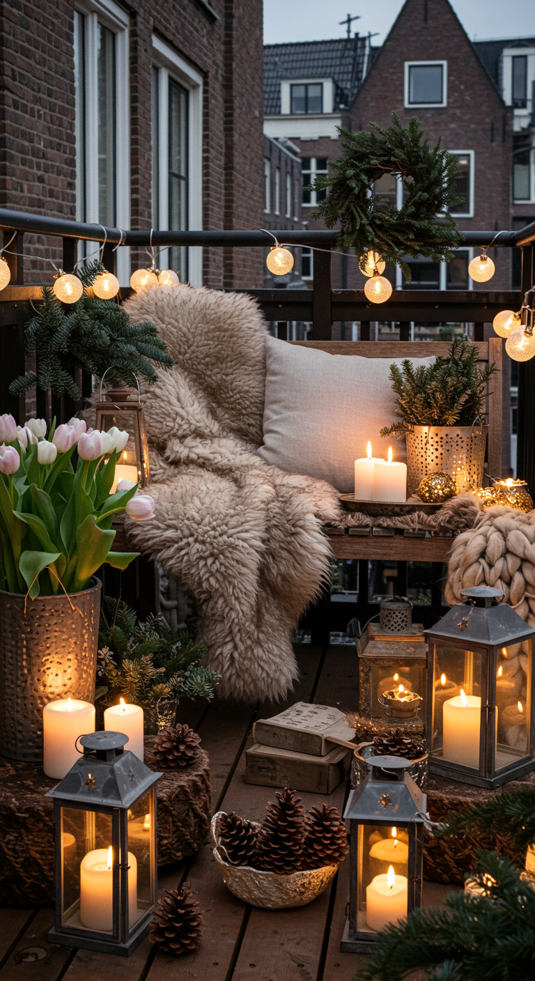 Winterlicher Balkon mit Holzbank, Schaffell, Tulpen, Kerzen, Tannenzapfen und Lichterkette.