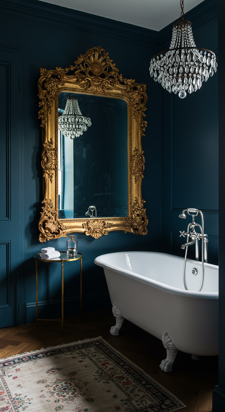 Opulentes Bad in Dunkelblau mit goldenem Barockspiegel und Kristallkronleuchter.