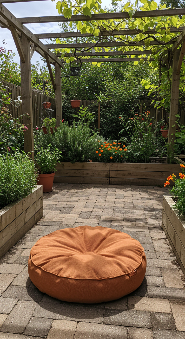 Großes, rundes, terrakottafarbenes Bodenkissen auf einem gepflasterten Patio mit Hochbeeten.