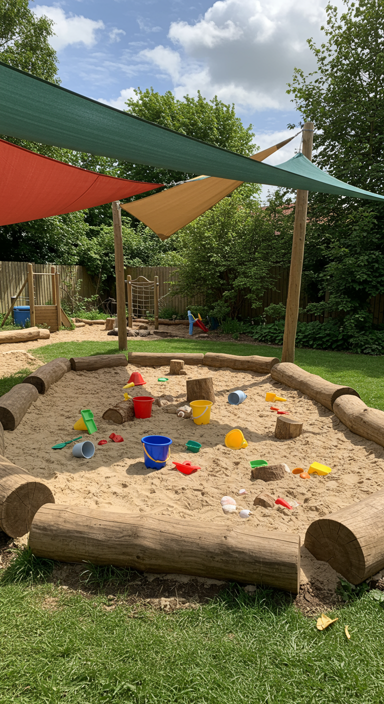 Großer Sandkasten mit Holzumrandung und bunten Sonnensegeln darüber.