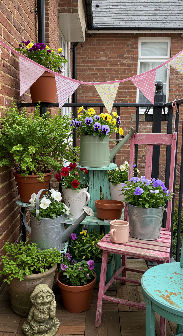 Bunte Ecke auf einem Balkon mit pink und türkis gestrichenen Stühlen, Blumen in Gießkannen und Wimpelkette.