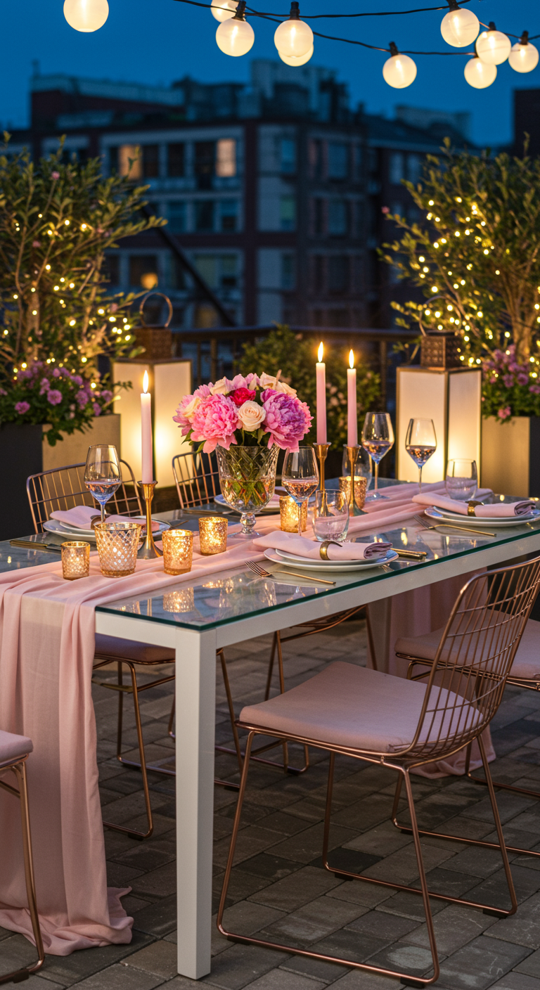 Elegant gedeckter Tisch auf einer Dachterrasse mit rosa und goldenen Akzenten.