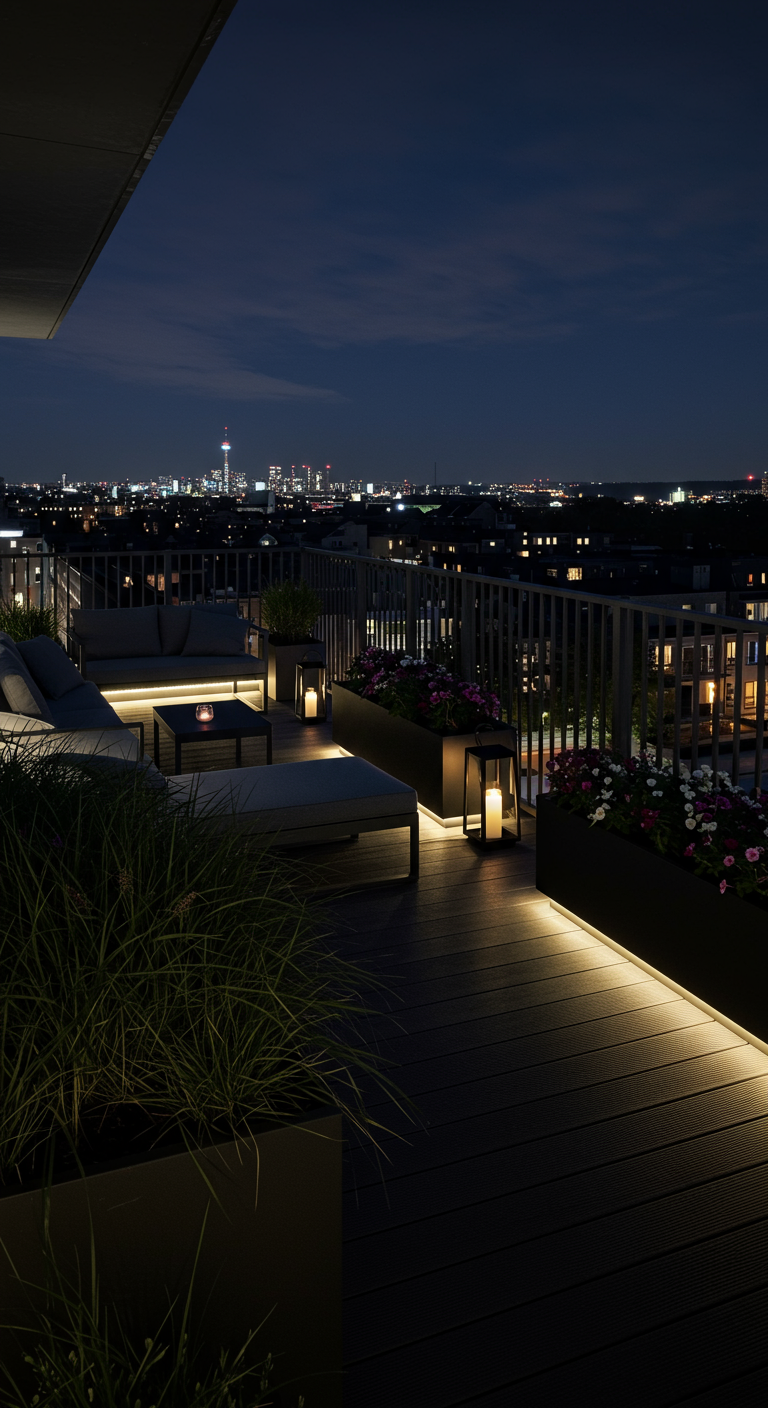 Dachterrasse bei Nacht mit dunklen Möbeln, Pflanzen und stimmungsvoller Beleuchtung.