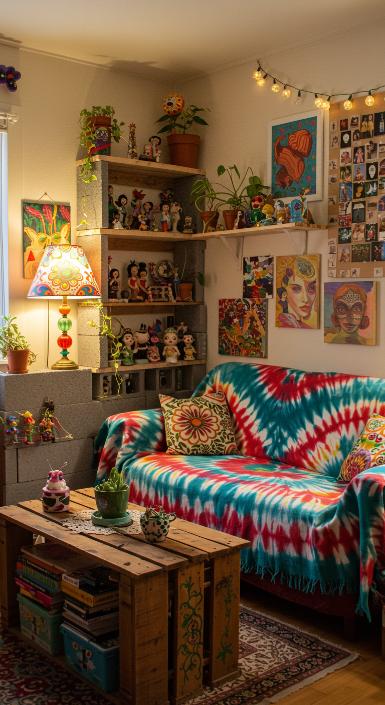Wohnzimmer mit Batik-Decke auf dem Sofa und selbstgebauten Regalen aus Betonsteinen.