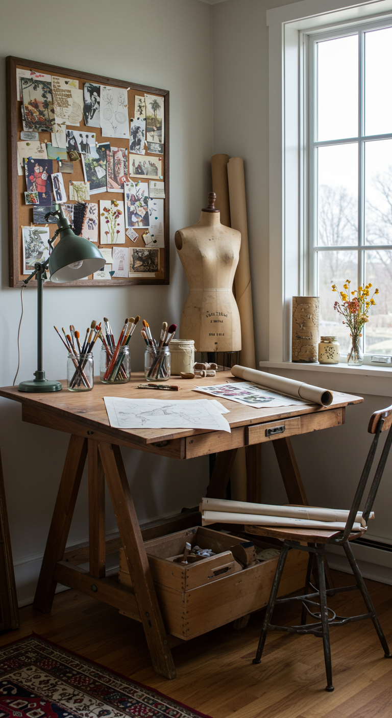 Künstler-Arbeitsplatz mit Zeichentisch, Moodboard, Schneiderpuppe und Malutensilien.