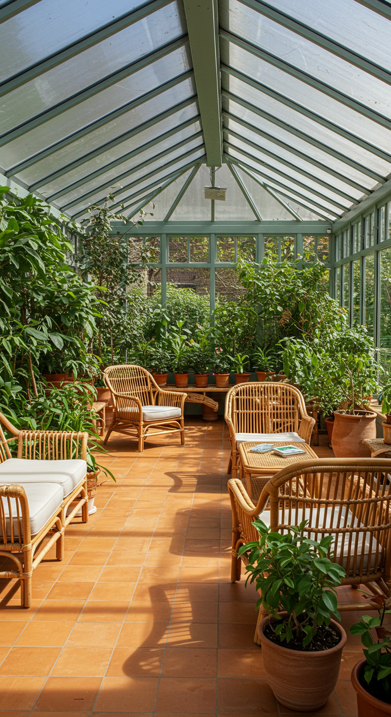 Lichtdurchfluteter Wintergarten/Gewächshaus mit Rattanmöbeln und sehr vielen Grünpflanzen.