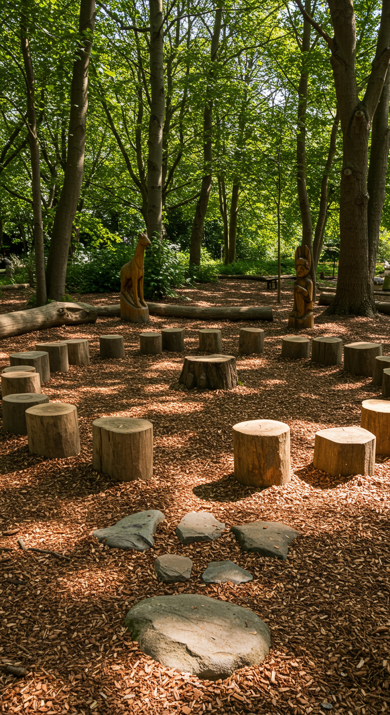 Sitzkreis aus Baumstämmen auf Rindenmulch, umgeben von Bäumen und Holzfiguren.