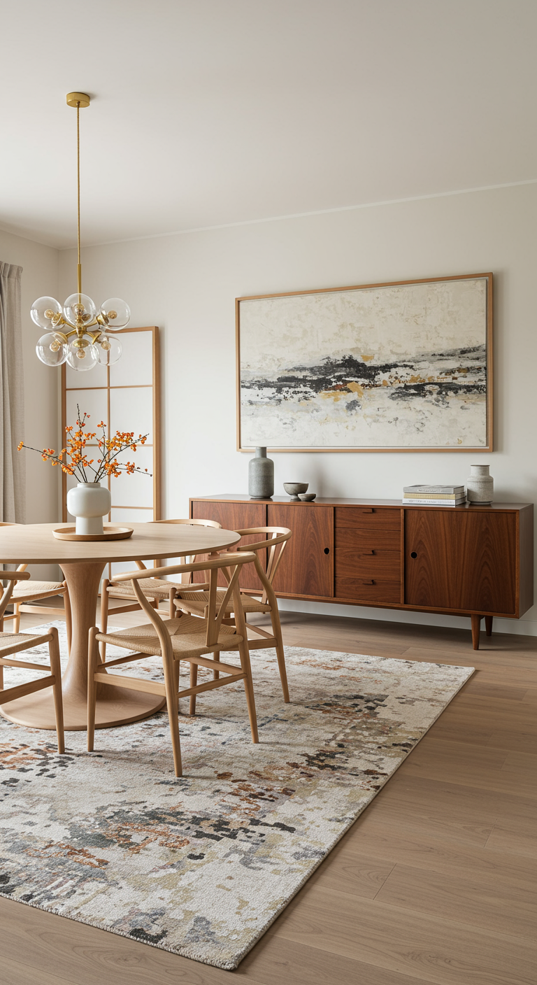 Japandi Esszimmer mit rundem Holztisch und Mid-Century Sideboard.