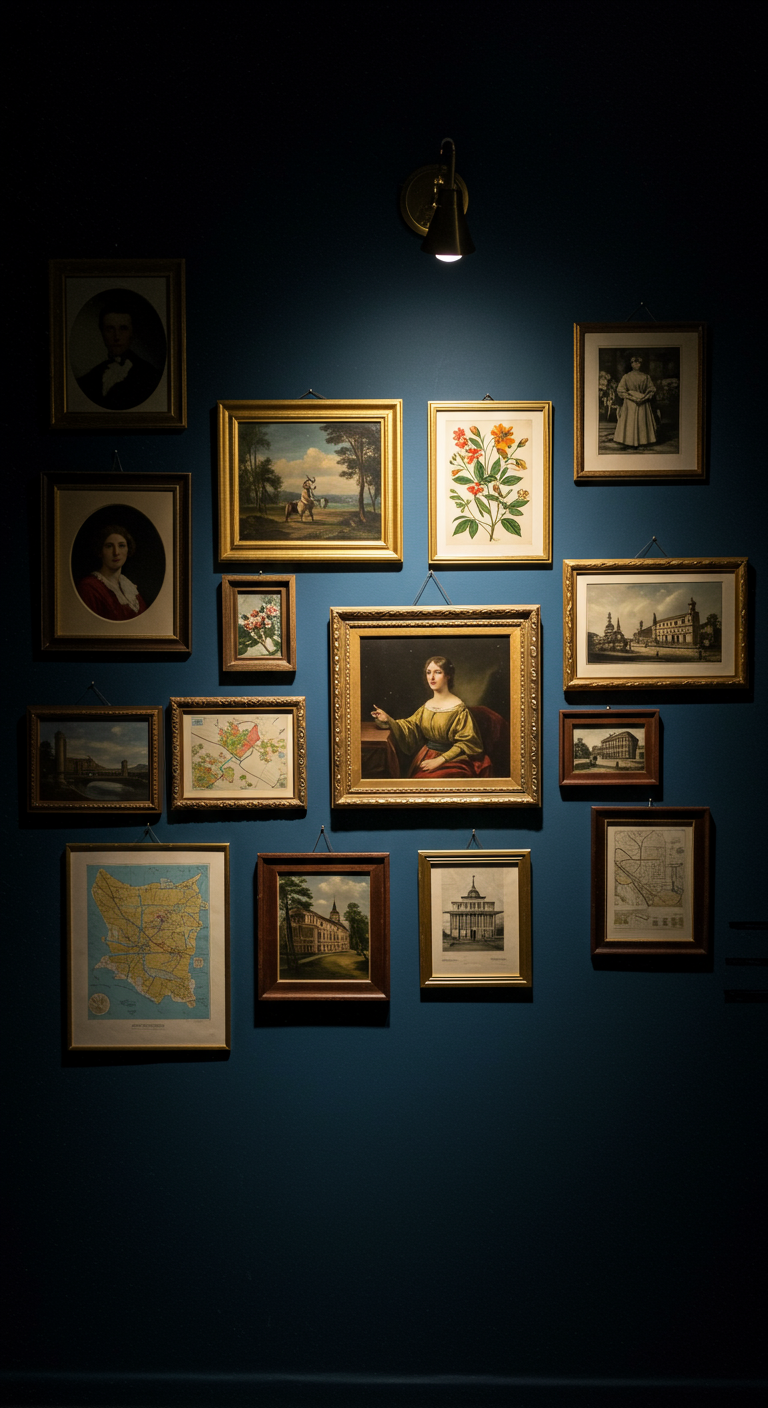 Dunkelblaue Wand mit einer Galerie aus diversen gerahmten Bildern in Gold und Holz.