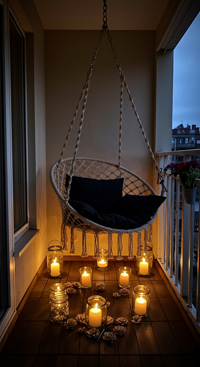 Balkonboden mit dunklen Holzdielen und einem kleinen Orientteppich.