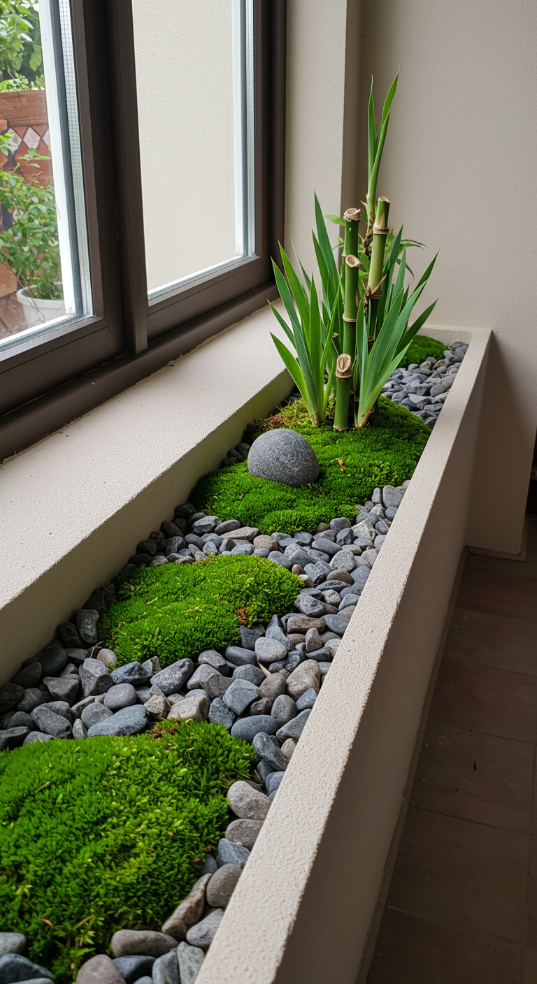 Fensterbank oder Pflanztrog gestaltet als Mini-Japangarten mit Kies, Moos und Bambus.