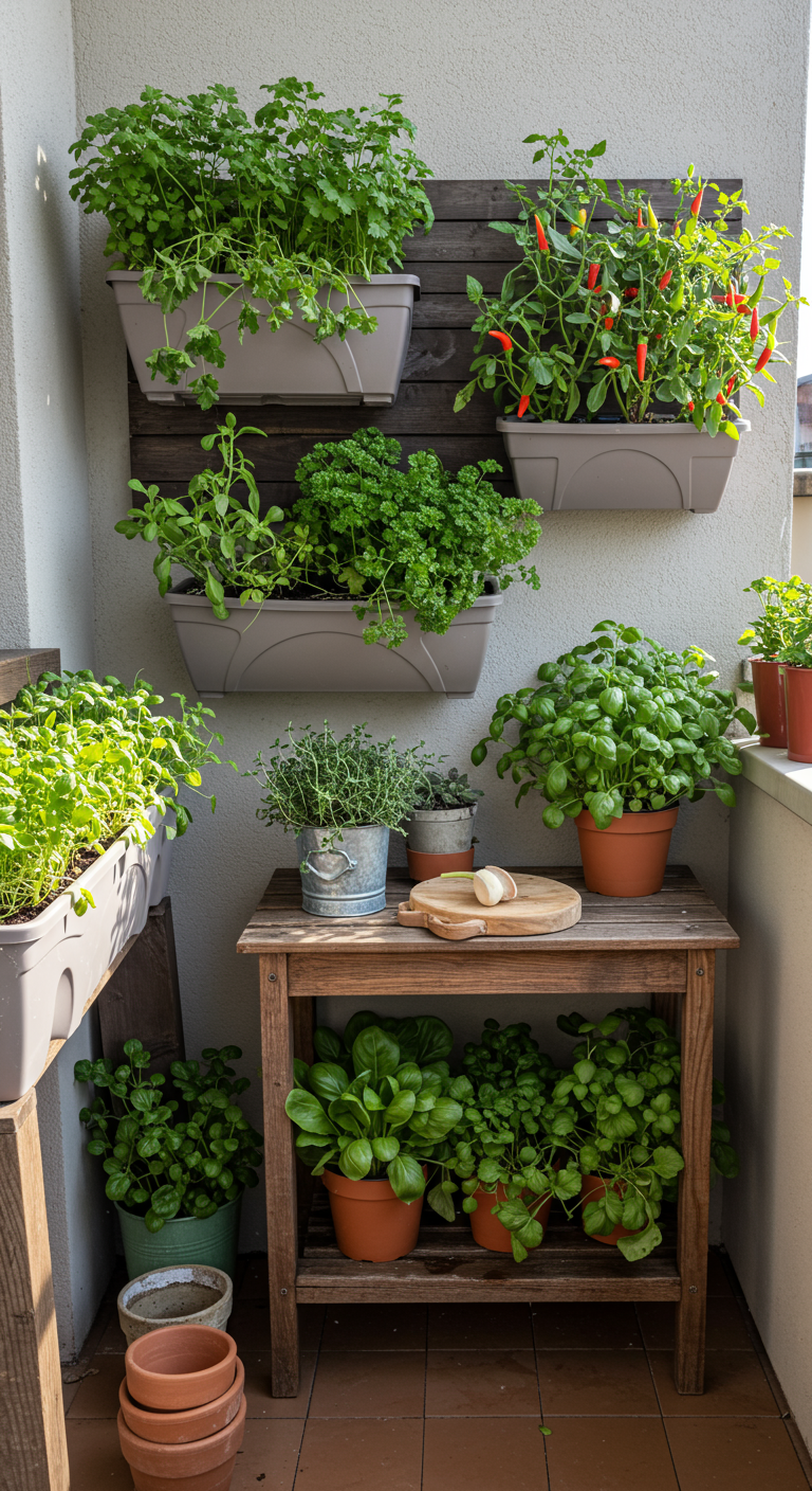 Balkon mit vertikalem Kräutergarten, verschiedenen Kräutern in Töpfen und einem kleinen Holztisch.