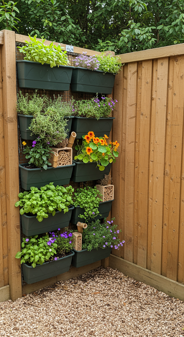 Vertikaler Garten an einer Holzwand mit Pflanzkästen, Kräutern, Blumen und kleinen Insektenhotels.