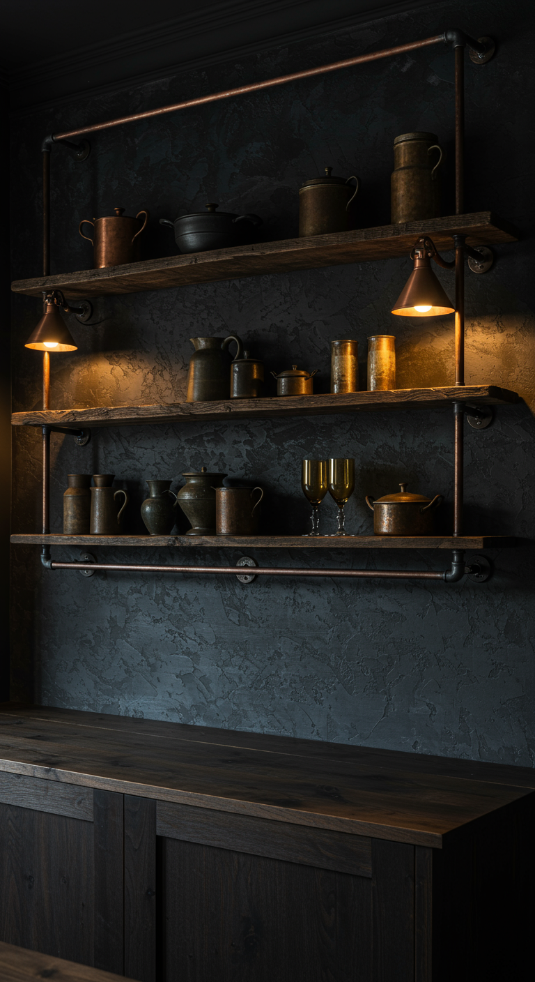 Dunkle Küche mit offenen Rohrregalen, Kupferdekoration und strukturierter Wand.
