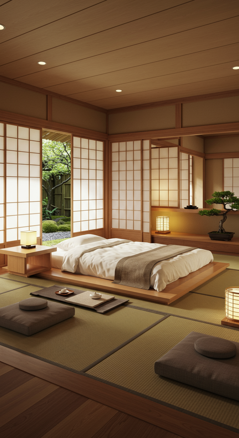 Japanisches Schlafzimmer mit Futonbett auf Tatami-Matten und Blick in einen Zen-Garten.