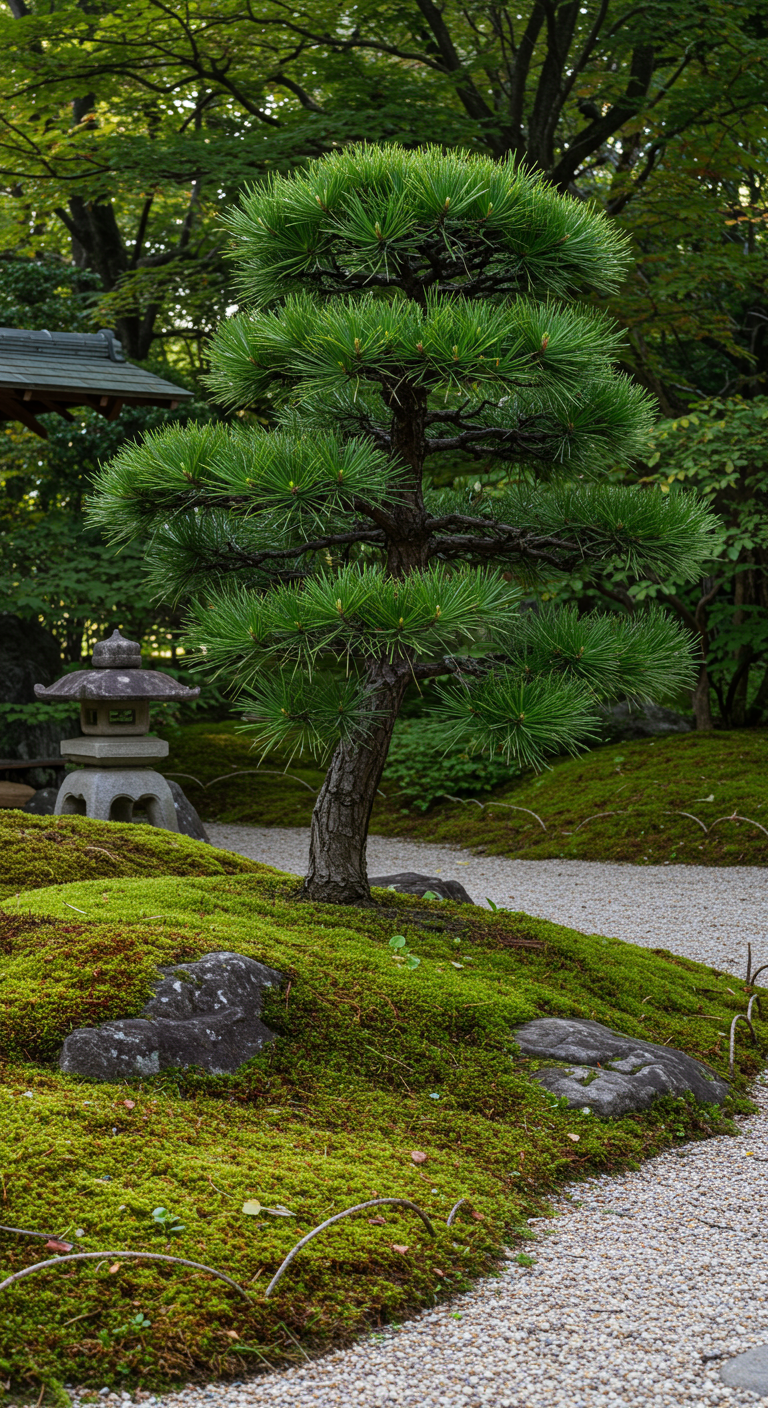 Kegelförmige Japanische Sicheltanne mit dichtem, grünem Nadelkleid.