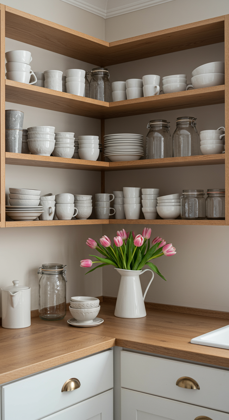 Japandi Küchenecke mit offenen Holzregalen und einem Strauß rosa Tulpen.