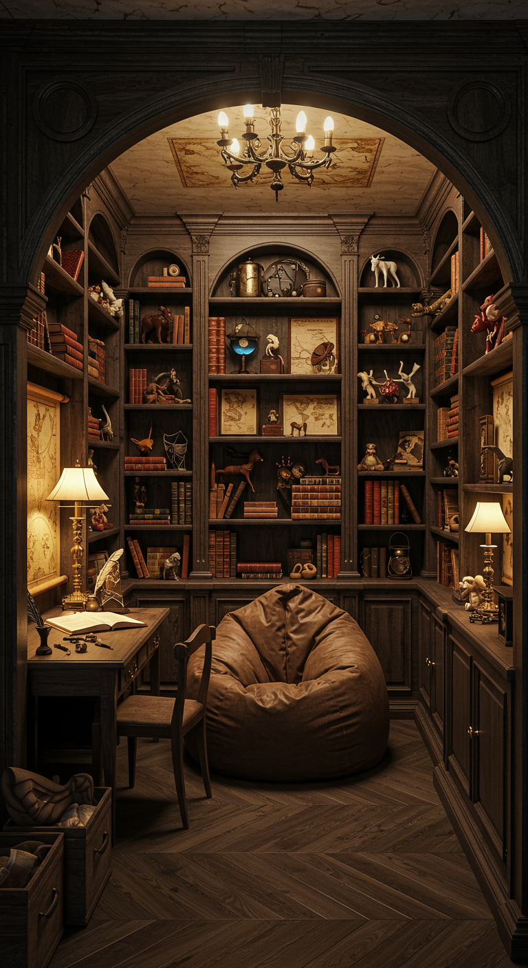 Kinderzimmer als Bibliothek mit dunklen Holzregalen und Schreibtisch.