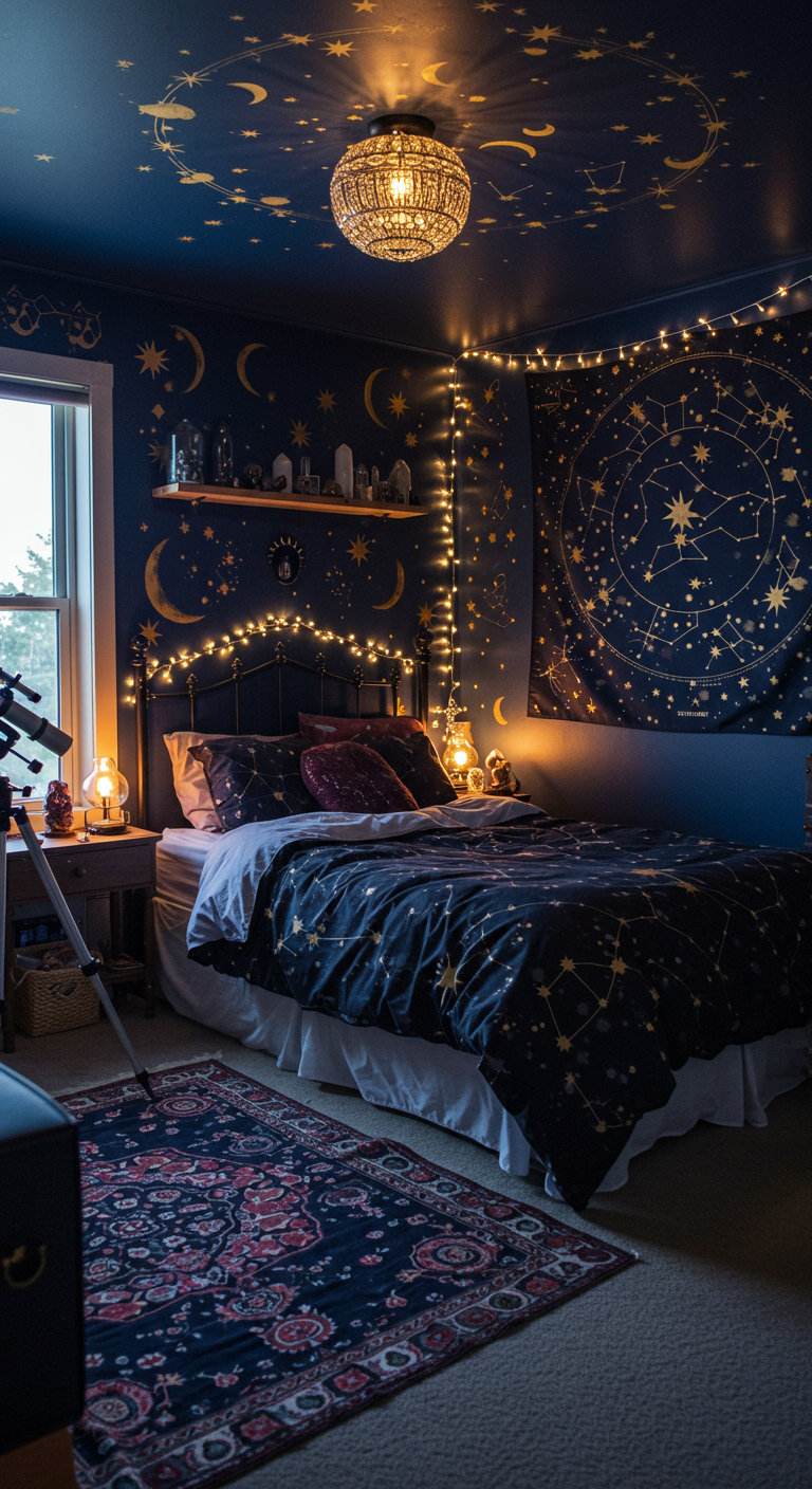 Dunkelblaues Boho-Schlafzimmer mit Sternen, Monden und Lichterketten.