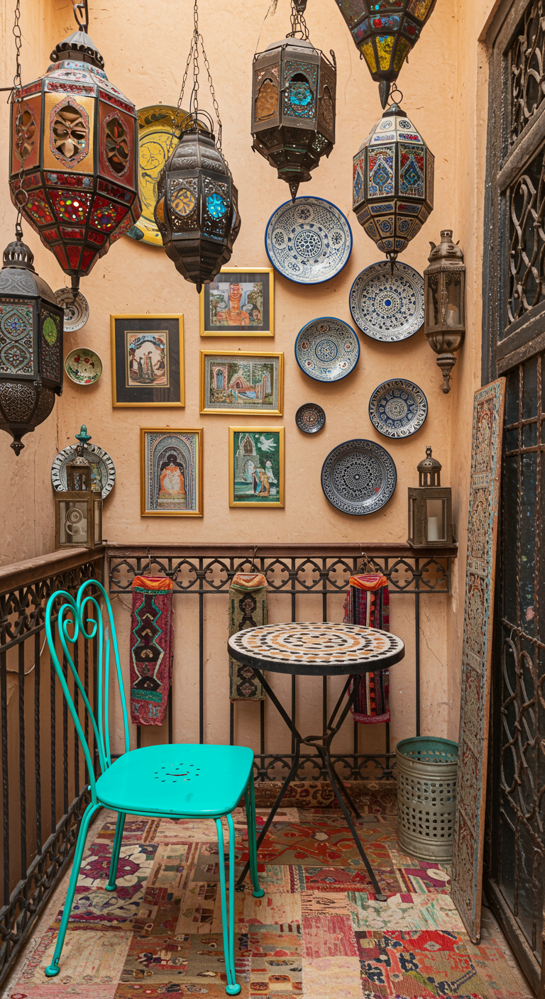 Eklektischer marokkanischer Balkon mit bunten Tellern, Stuhl und Teppich.