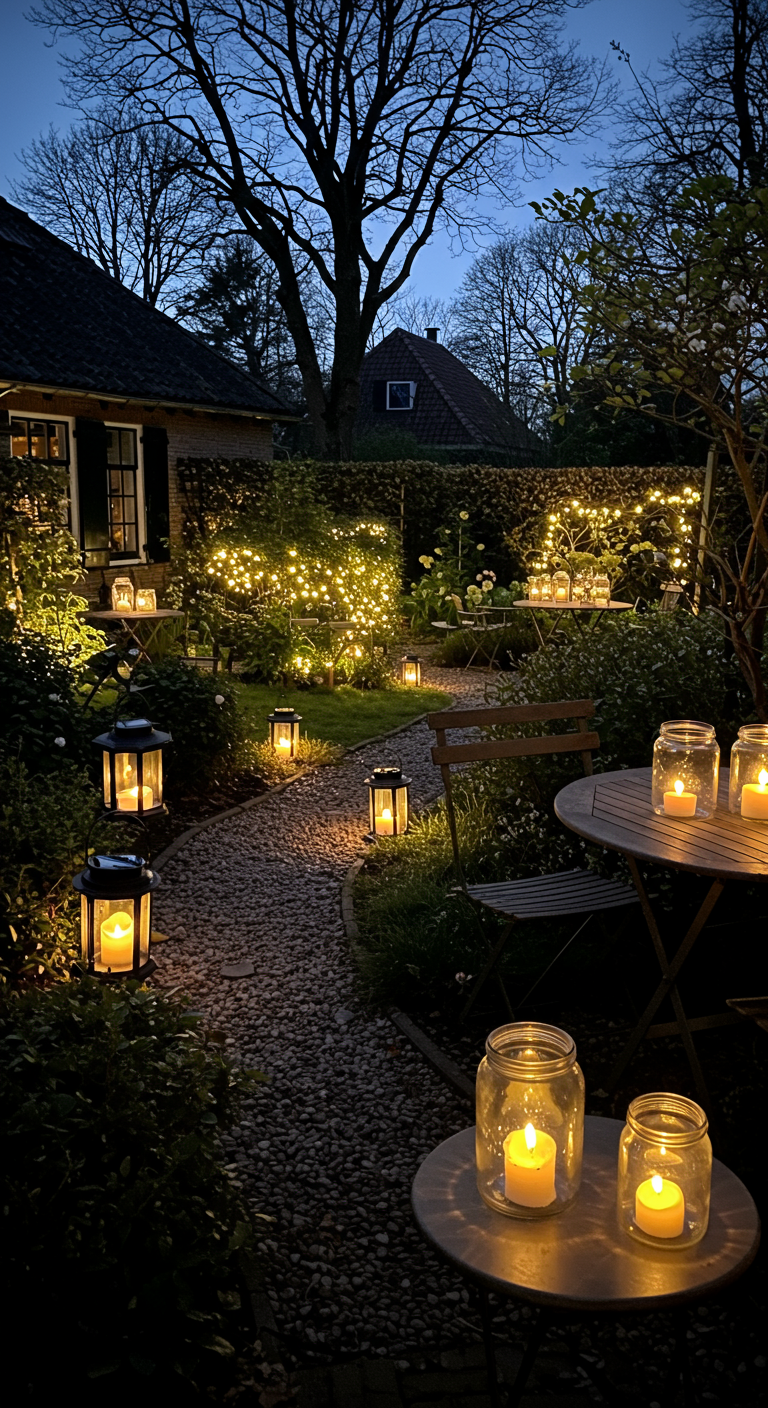 Gartenweg bei Nacht, beleuchtet von vielen Laternen und Kerzen in Gläsern.