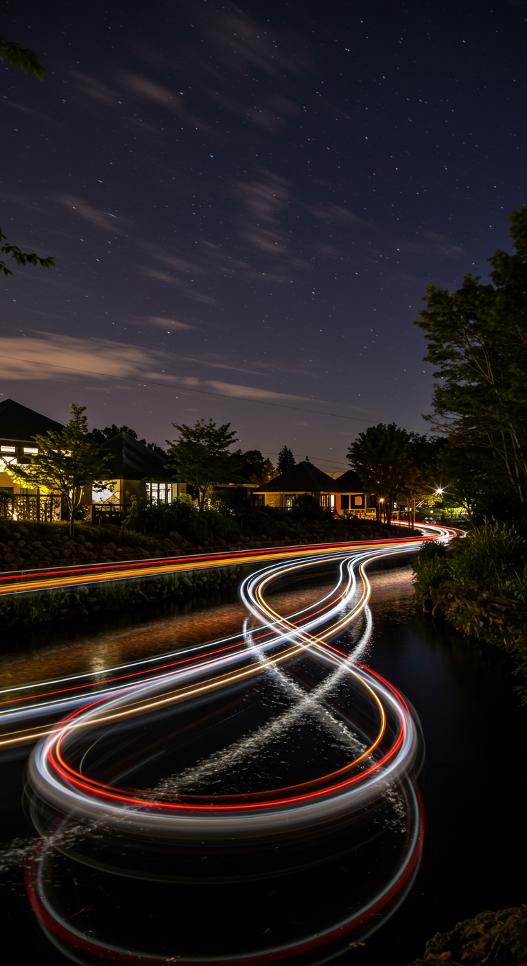 Langzeitbelichtung eines Koiteichs bei Nacht mit leuchtenden Lichtspuren.