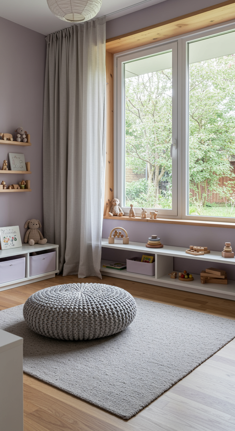 Leseecke am Fenster mit niedrigem Regal, grauem Pouf und lila Wänden.