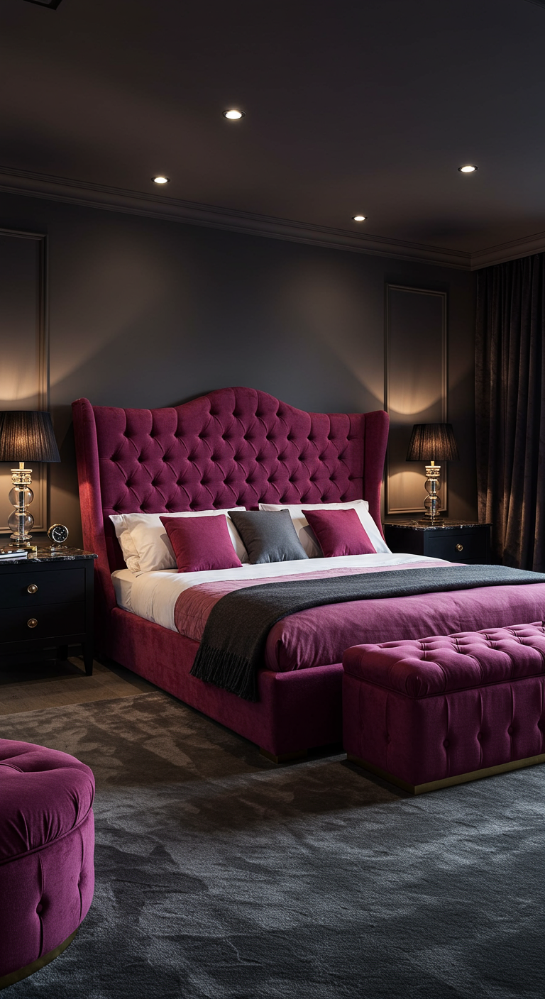 Luxuriöses dunkles Schlafzimmer mit magentafarbenem Samtbett.