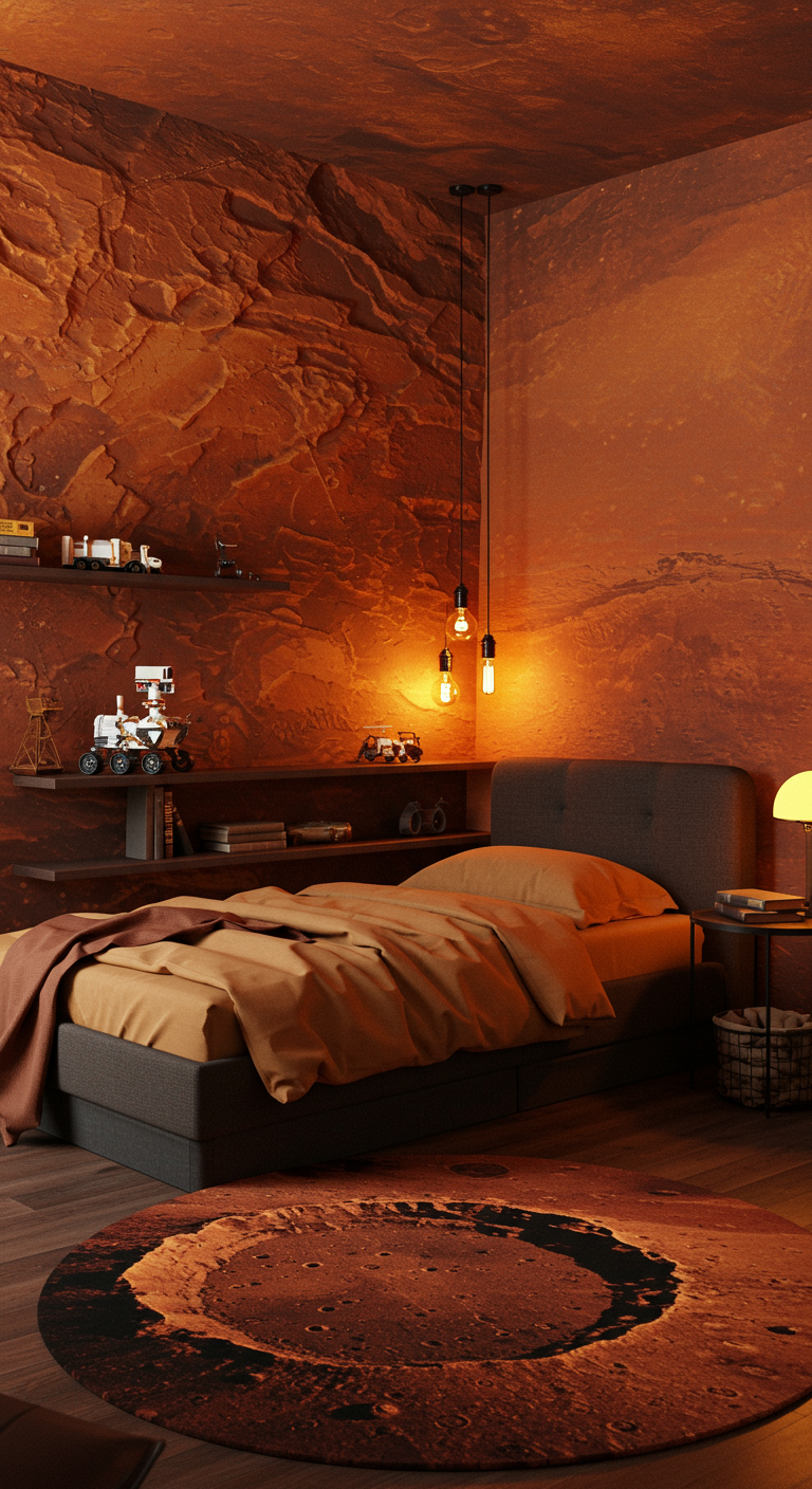 Schlafzimmer im Mars-Thema mit roten Wänden und Rover-Modellen.