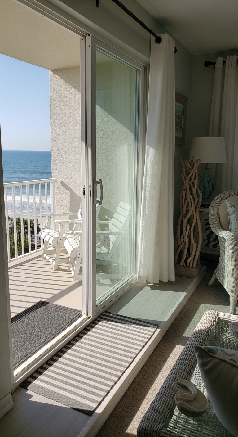 Niedrige Fensterbank vor einer Balkontür mit gestreiftem Läufer und Meerblick.
