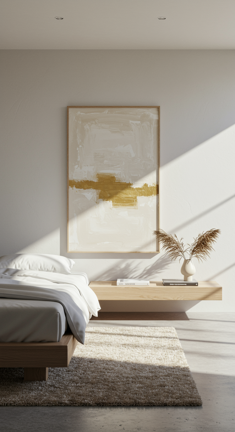 Minimalistisches Schlafzimmer mit Holzbett, abstraktem Bild mit Gold und heller Einrichtung.