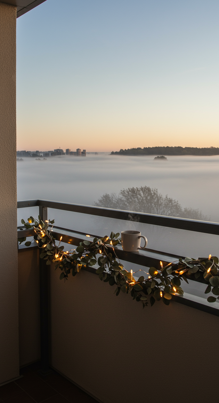 Balkongeländer mit Eukalyptusgirlande und Lichterkette, Tasse darauf, Blick über Nebel.