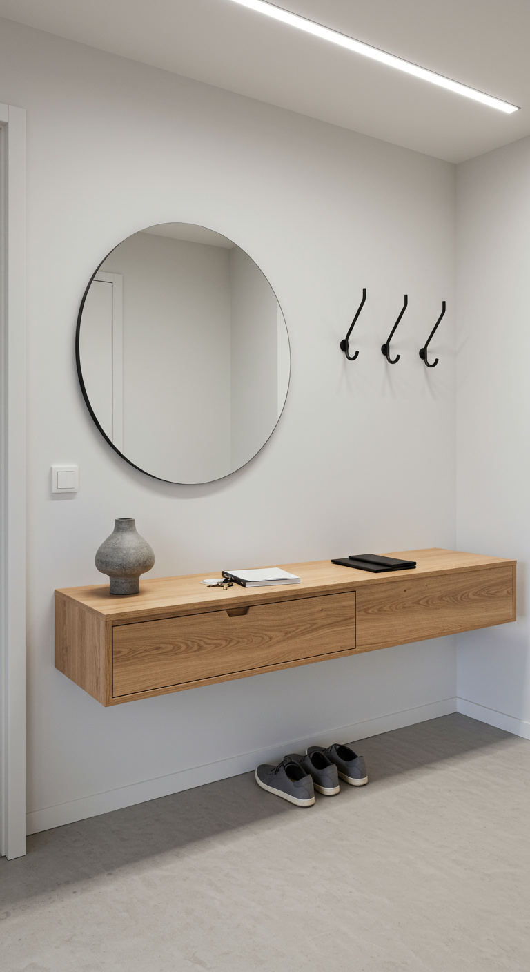 Minimalistischer Flur mit schwebender Holzkonsole, rundem Spiegel und Kleiderhaken.