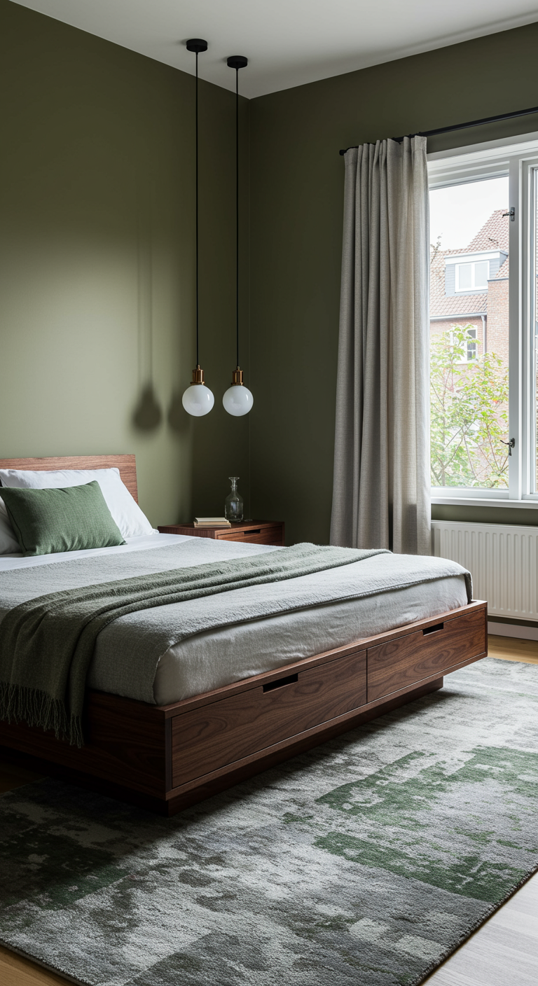 Modernes Schlafzimmer mit olivgrünen Wänden und dunklem Holzbett mit Schubladen.