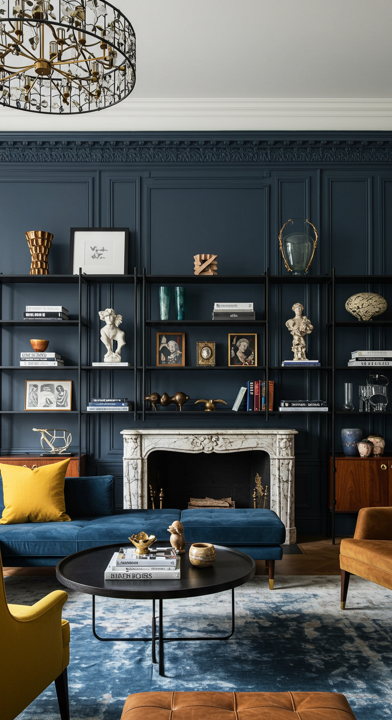 Wohnzimmer mit dunkelblauer Wandvertäfelung und schwarzen Metallregalen.