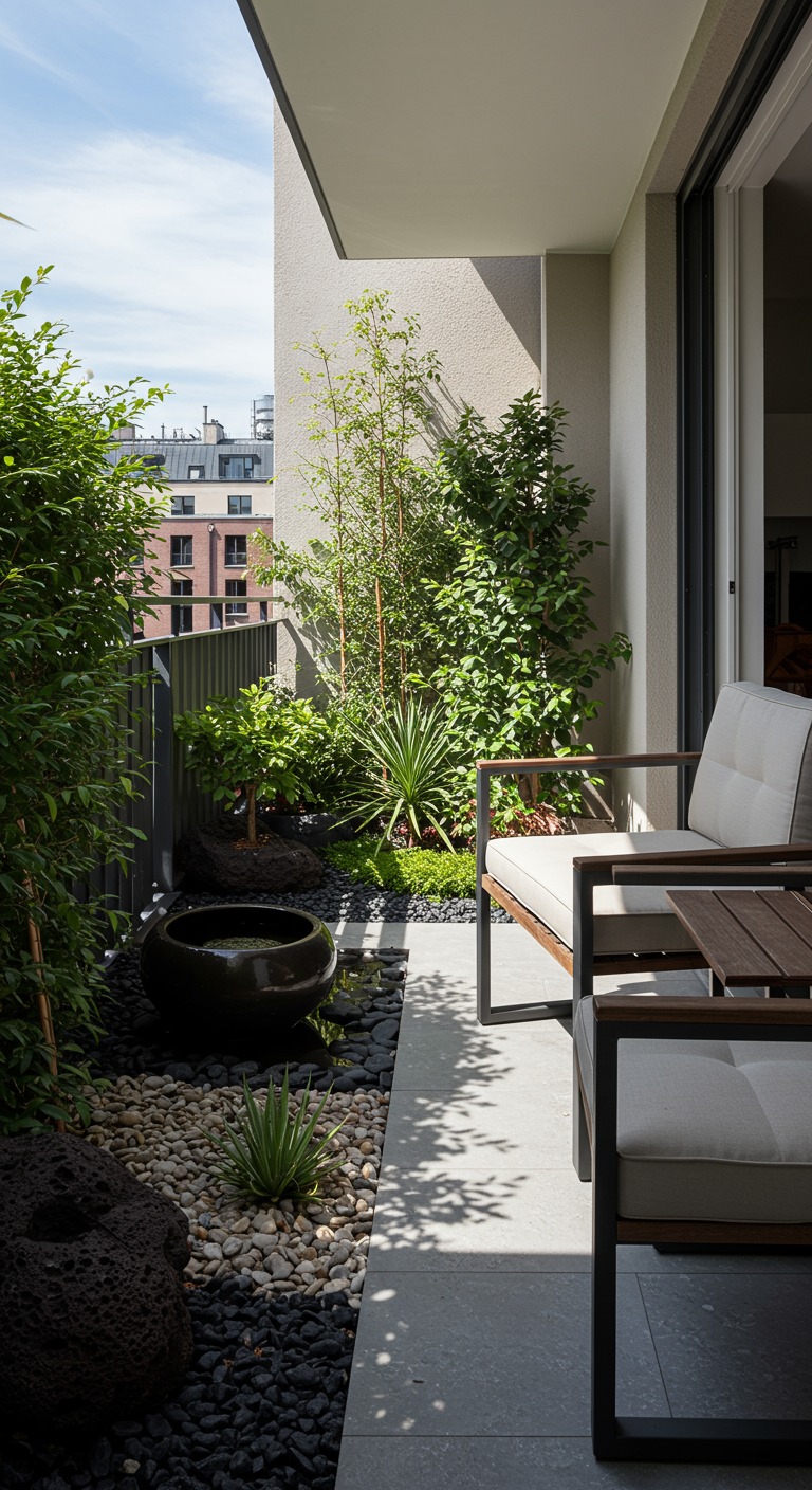 Moderner Balkon mit Loungemöbeln, Kiesflächen, Wasserbecken und Pflanzen.