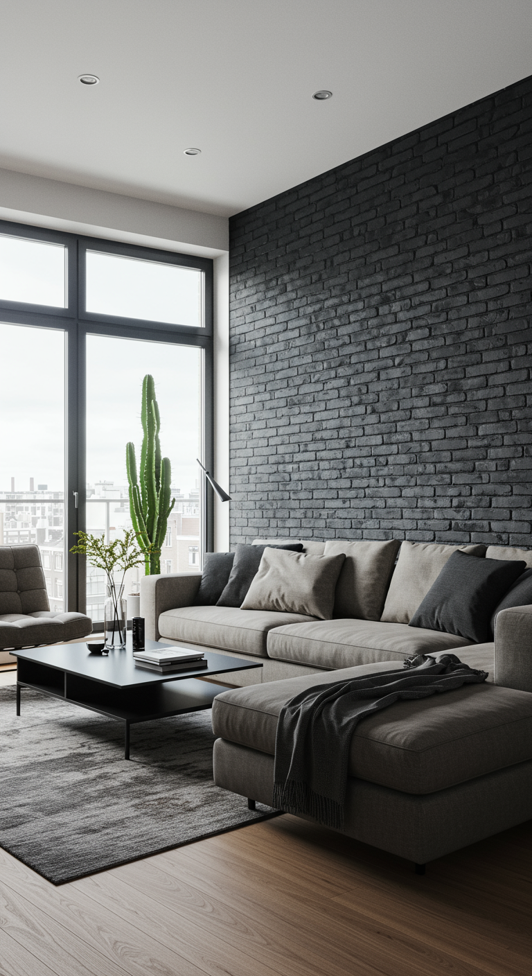 Modernes Wohnzimmer mit schwarzer Backsteinwand, hellem Sofa und großem Kaktus.