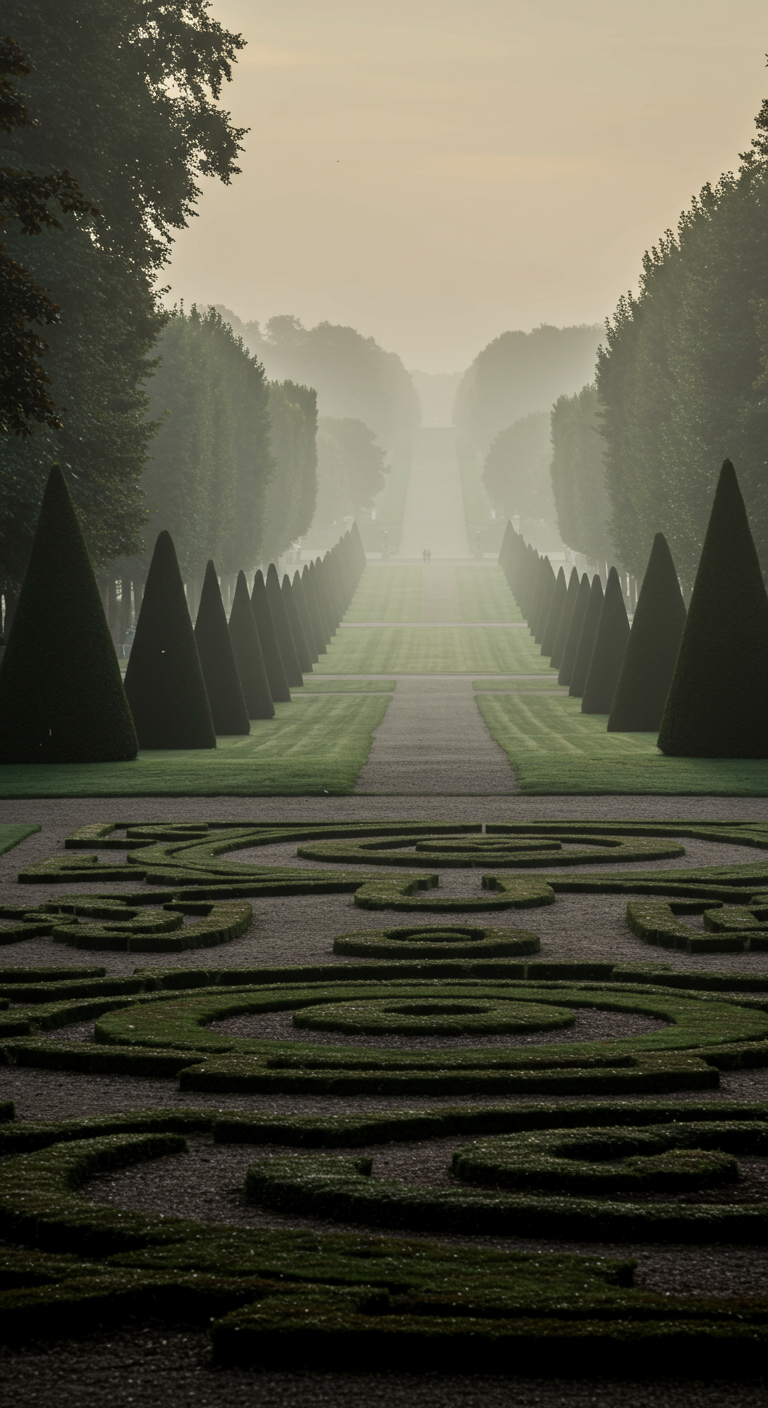 Buchsbaum-Parterre im Vordergrund, dahinter lange symmetrische Allee mit Kegelbäumen im Nebel.