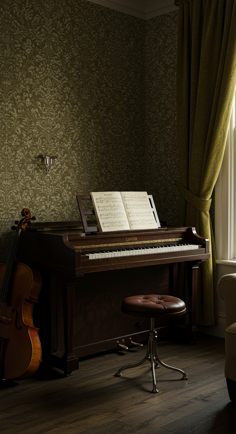 Musikalische Ecke im Light Academia Stil mit Klavier, Cello und gemusterter Tapete.
