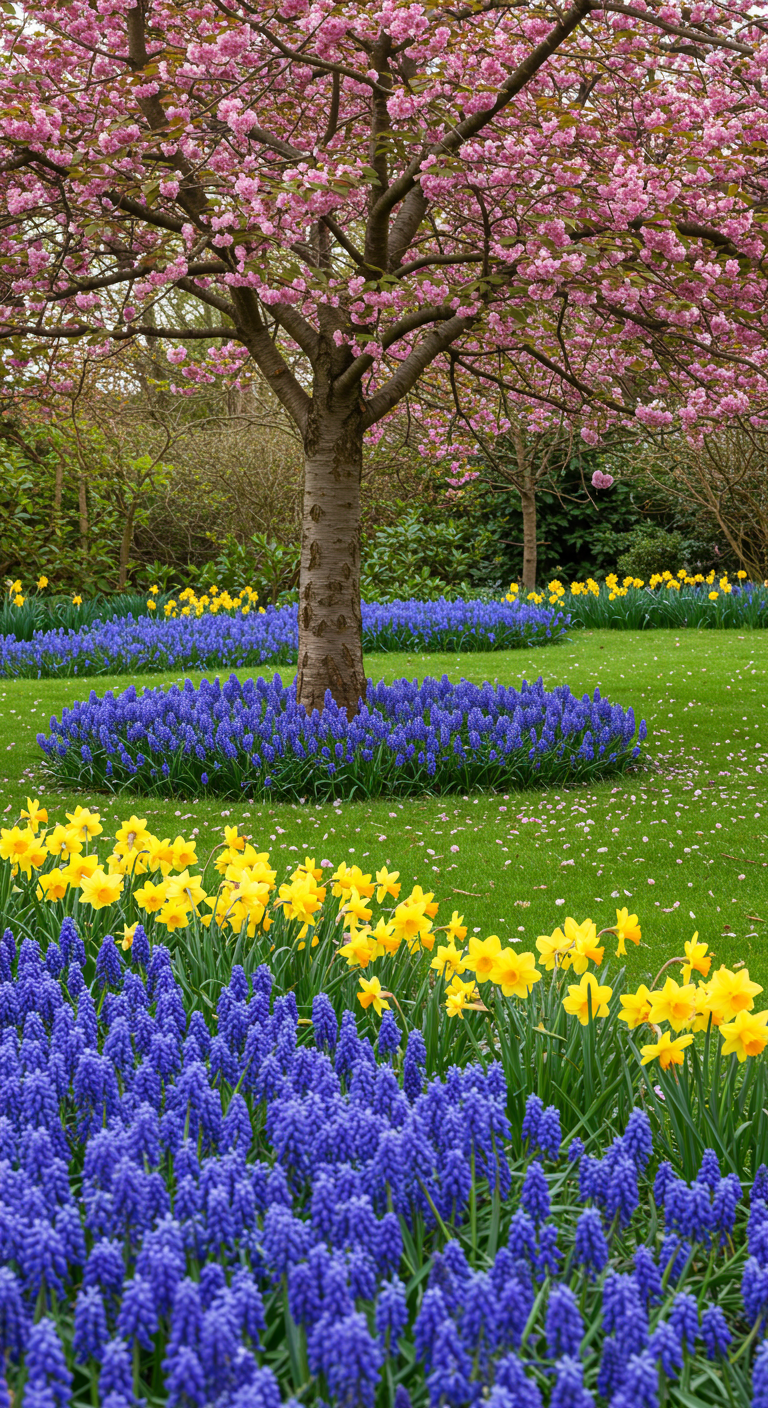 Eine Frühlingswiese mit einem blühenden Zierkirschbaum, gelben Narzissen und blauen Traubenhyazinthen.