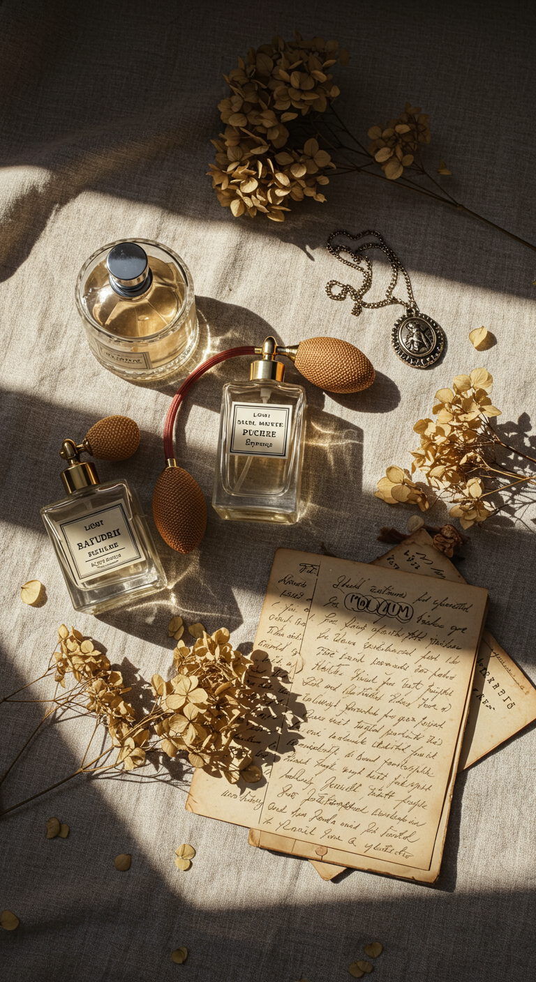 Stillleben mit Vintage-Parfümflakons, Schmuck, getrockneten Blumen und Notizen.