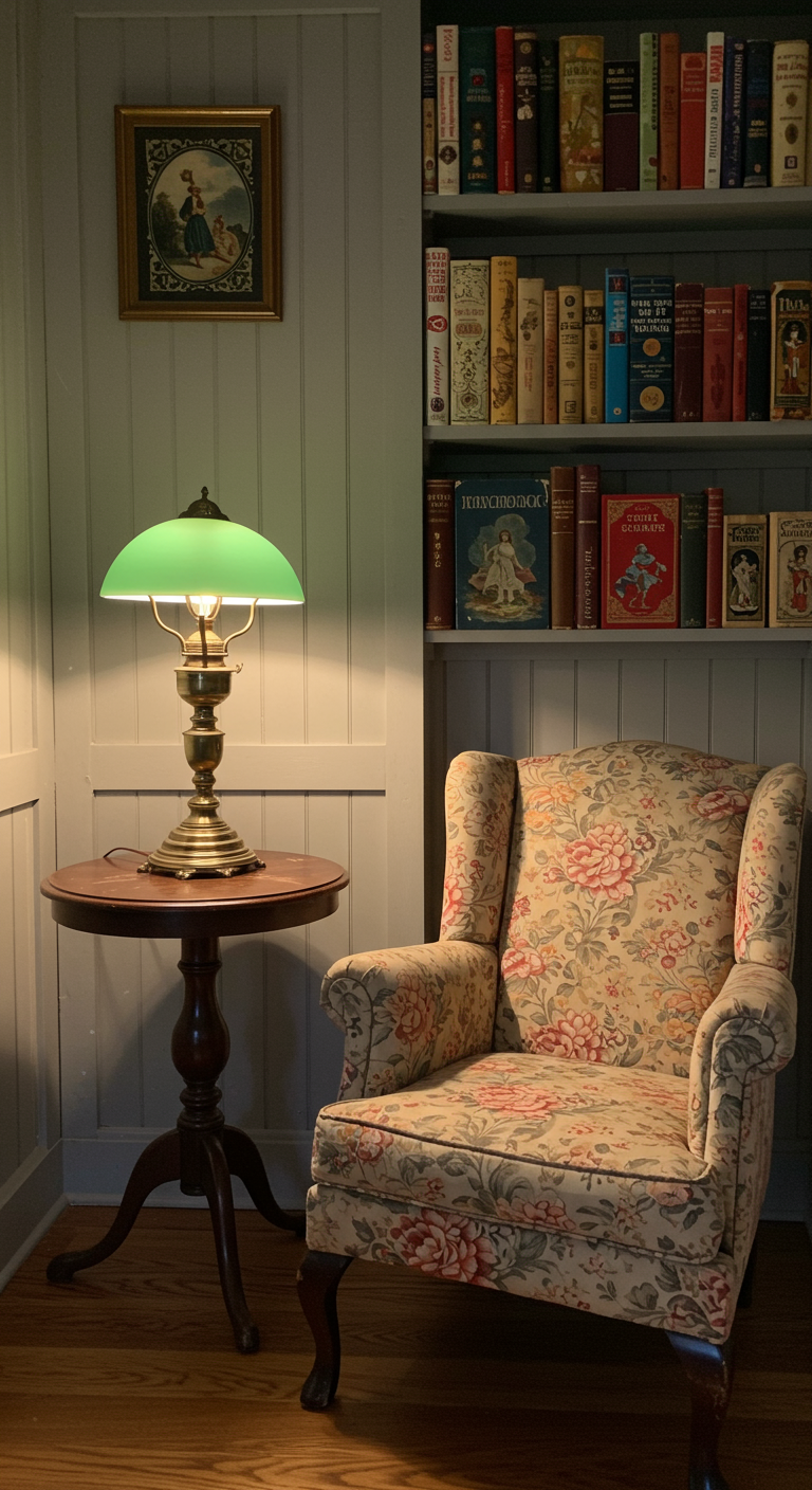 Leseecke mit floral gemustertem Ohrensessel, Beistelltisch und klassischer Lampe.