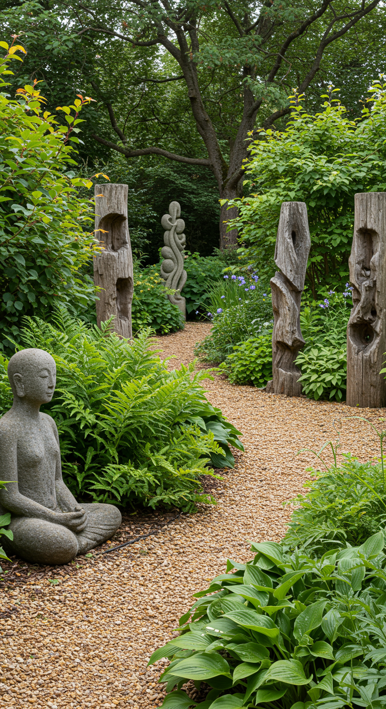 Ein Kiesweg in einem Garten, gesäumt von einer Buddha-Statue und Holzskulpturen.