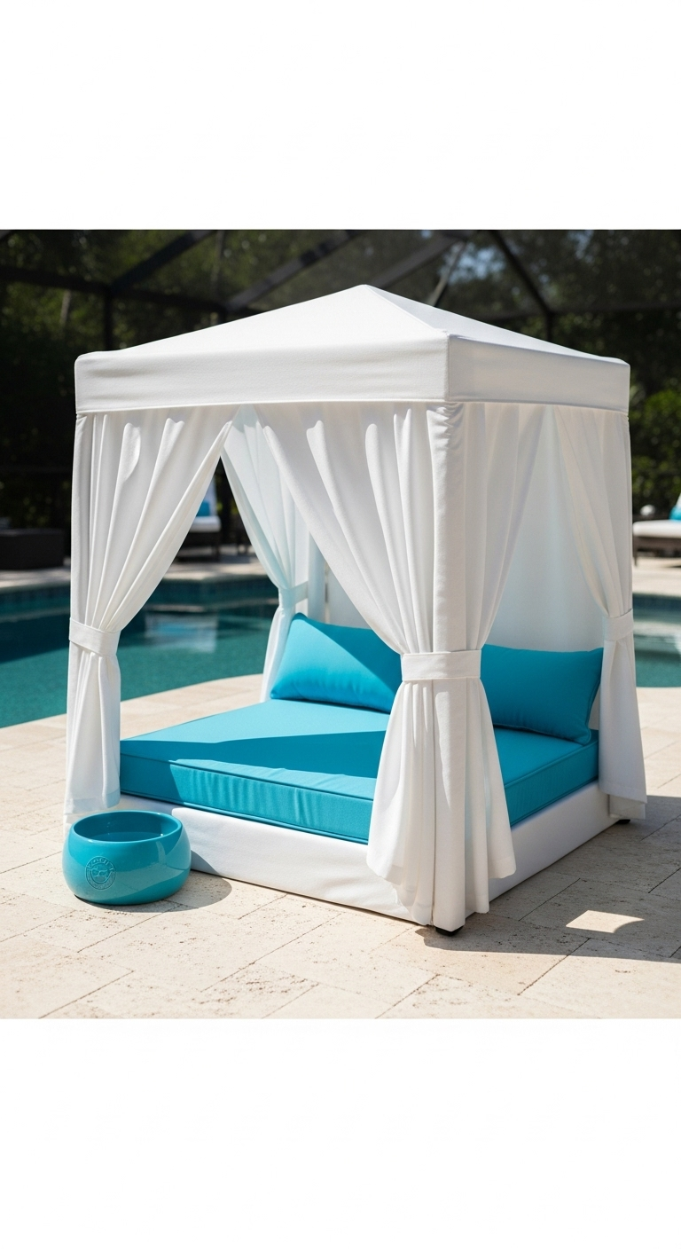 Weiße Cabana mit türkisen Polstern und Vorhängen am Pool, daneben ein türkiser Wassernapf.