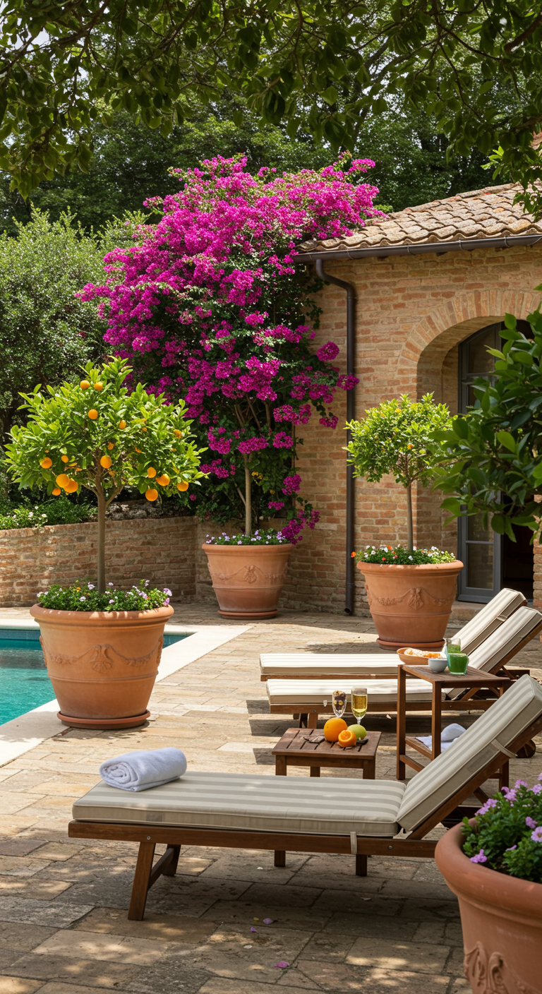 Poolbereich mit großen, verzierten Terrakotta-Kübeln, bepflanzt mit Orangenbaum und Bougainvillea.